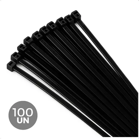 Kit 100 Abraçadeiras Nylon 400mm X 7,6mm Pretas Alta Resistência Auto Travante Organizador Cabos Fios Fixação Elétrica Automotiva Construção Preto