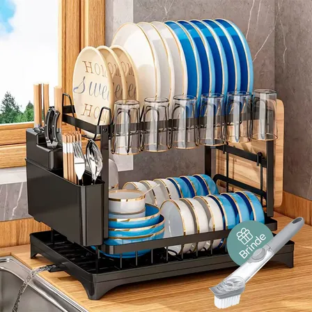 Escorredor De Louça Dois Andares Para Prato Talheres Bancada Secador Organizador Cozinha Drenagem Automatica 360° Brielli Home