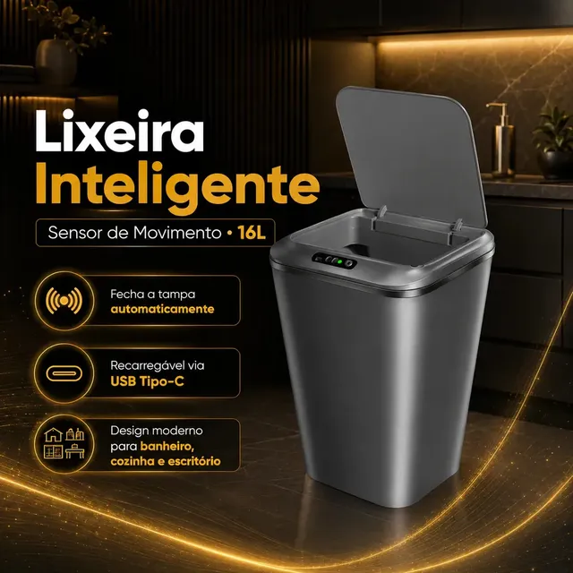 Lixeira Inteligente Automática Cinza Universal Com Sensor Hearbuds Recarregável Anti Odor 16L
