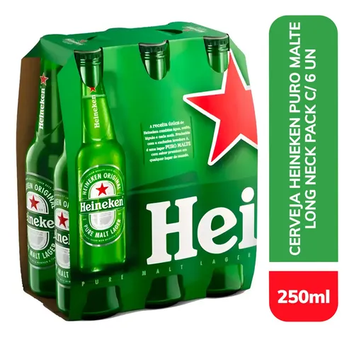 Cerveja Heineken Puro Malte Lager 250ml Long Neck Caixa Com 6 Unidades