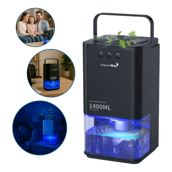 Desumidificador De Ar Elétrico 1400ml Antimofo Extração Diária 450ml/dia Com Led Lâmpada Ambiente Preto Área 25m² 127/220v