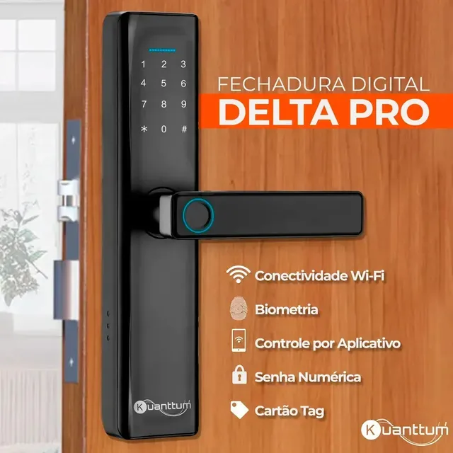 Fechadura Digital Kuanttum Delta Pro Wi-fi Para Porta De Madeira Com Biometria E Senha Preto