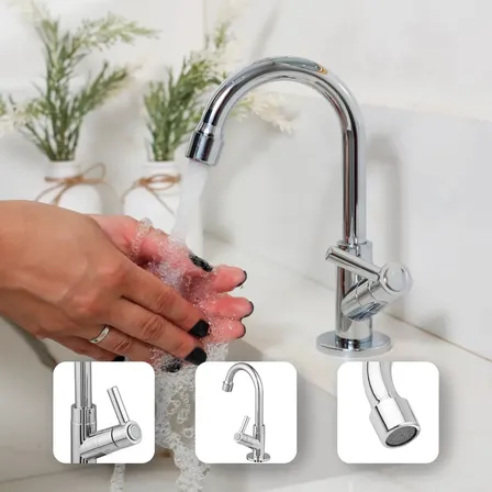 Torneira Pia Cuba Lavabo Banheiro Bancada Mesa 1/2 Lavatório Bica Móvel 360º Cromada Brilhante Aromatec Prateado
