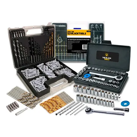 Kit Jogo De Brocas Bits E Buchas Com 300 Peças + Jogo De Chaves Catraca Reversível Soquetes 40 Peças The Black Tools