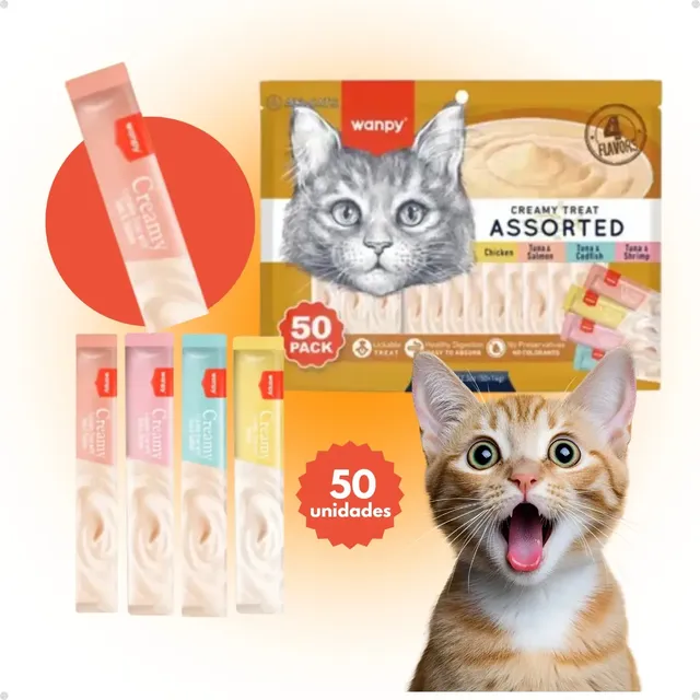 Petisco Cremoso Wanpy Para Gatos Kit Com 50 Unidades De Sabores Sortidos