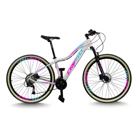 Bicicleta Aro 29 Mtb Cripto 24v Freio Disco Faixa Bege Cor Branco/azul E Rosa Tamanho Do Quadro 15