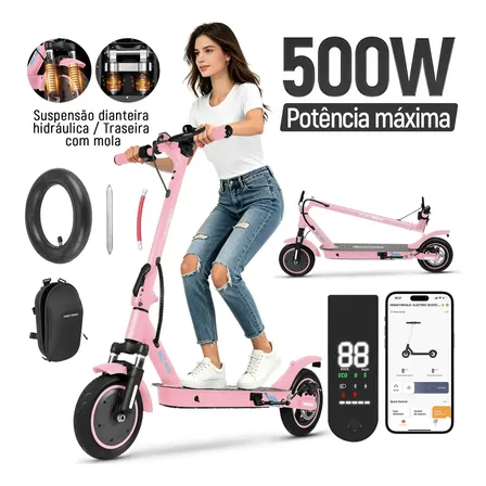 Honeywhale M2 Max Patinete Elétrico Adulto, 500w Scooter Eletrica, Velocidade Máxima De 32km/h, Autonomia De 22km, Patinete Juvenil Dobrável Com Aplicativo Bluetooth, Capacidade Máxima De 120 Kg Rosa