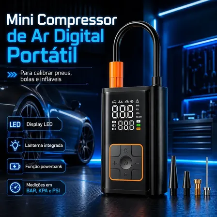 Mini Compressor Digital Portátil Bomba De Encher Pneus Bola Inflável Para Carro Moto Bicicleta Com Calibrador De Ar Preto