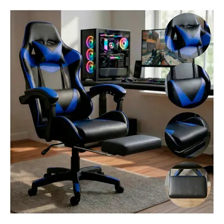 Cadeira Gamer Setup Jogos Ergonômica Reclinável Giratória 360 Com Apoio do Pés Led Tools Luxo Cor Azul