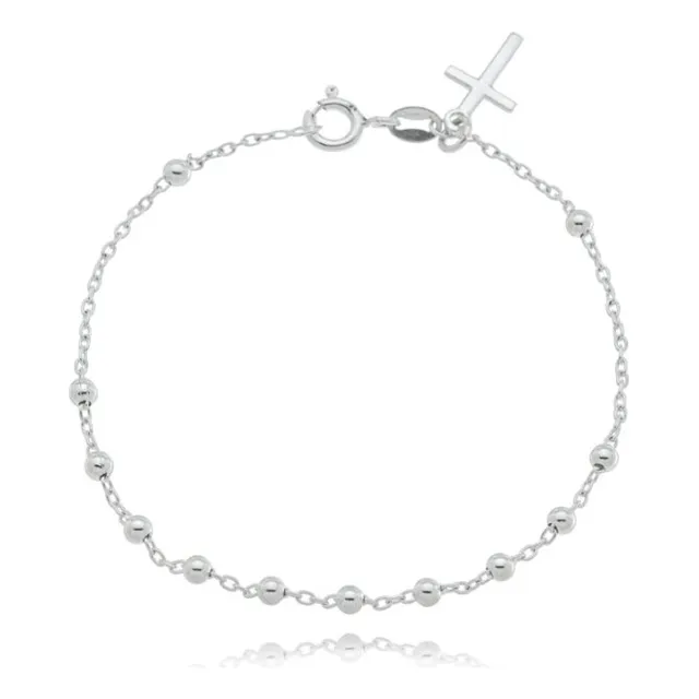 Pulseira Terço Bolinhas Pingente Cruz Prata 925 Unissex Prateado