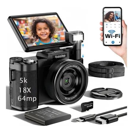 Câmera Fotografica Digital 5k 64mp 18x Câmera De Beleza Inteligente Ai Com Flash Retrátil Desliga A Luz, Cartão Sd De... Preto