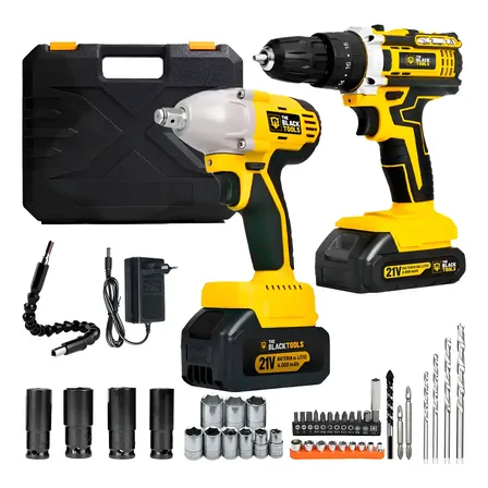Combo Furadeira Parafusadeira De Impacto 3/8 10mm A Bateria E Chave De Impacto A Bateria Brushless 430nm The Black Tools