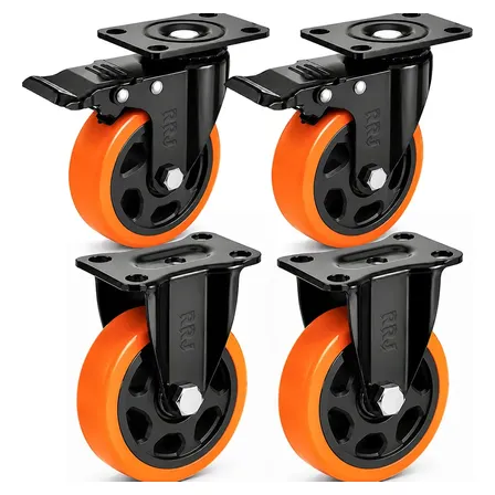 Kit 4 Rodinhas Para Moveis Pesados Rodízio Roda Grande Reforçada Com Trava Dupla Placa Superior Giratória E Fixo 4 Polegadas 100mm Material Pvc Ideal Para Moveis, Carrinhos, Bancadas Cor Laranja Rrj