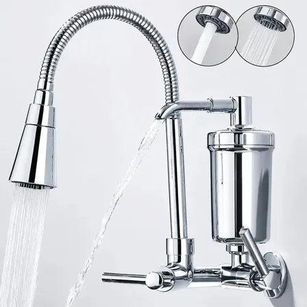 Torneira Gourmet Com Filtro Purificador de Água Flexível Pia Cozinha Bica De Parede 2 Jatos Cor Prateada Linha Premium - Marca Camperluz