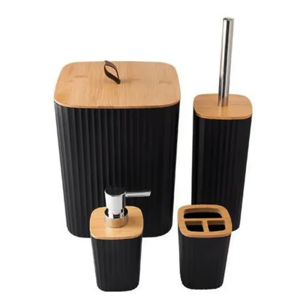 Kit Banheiro Conjunto Acessórios Banheiro Lavabo Bambu 4 Peças Lixeira Escova Sanitária Dispenser Saboneteira Porta Escova Quadrado Preto Shokki