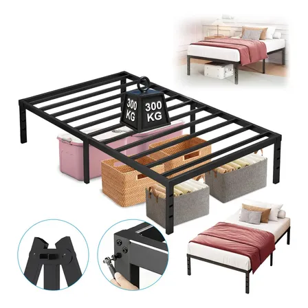 Estrutura De Cama De Metal, Solteiro, Com Espaço De Armazena Preto 300kg 190*90*35.5cm