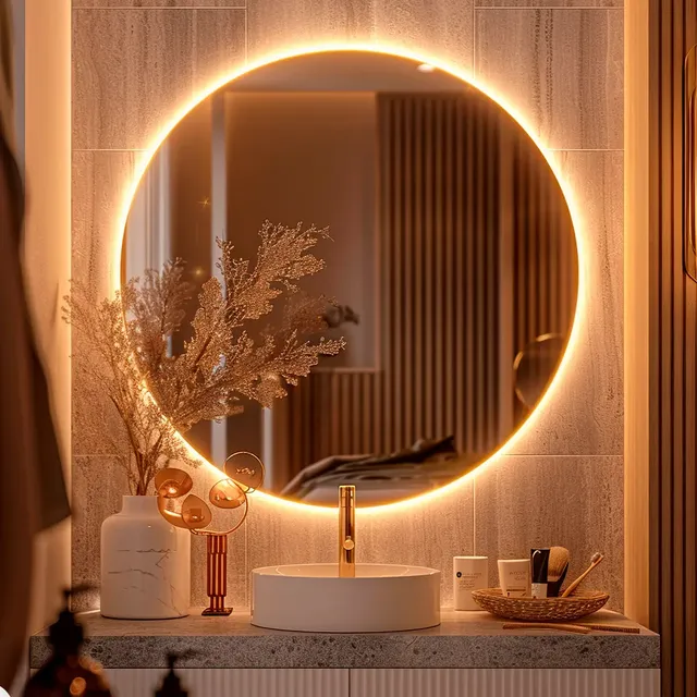 Espelho Redondo 40cm Com Iluminação Led Fria Para Parede - Ideal Para Quarto, Banheiro E Sala, Moldura Lapidada De 40cm, Perfeito Para Decoração Redondo 40cm Led Frio