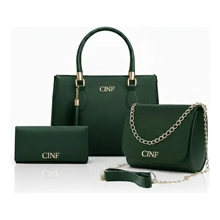 Kit Bolsas Feminina Transversal Média + Tira Colo + Carteira Cor Verde Militar Liso Ouro Preto