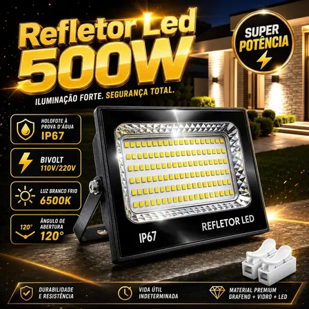 Kit 2 Refletores Led Smd Holofote 500w Ip67 Carcaça Preta Luz Branco Frio 6500k Bivolt Econômico Decorativo