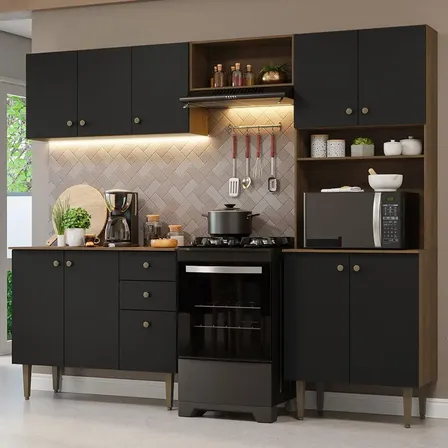 Armário De Cozinha Compacta 235cm Gourmet Madesa 01 Cor Rustic/preto