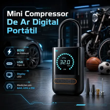Mini Compressor De Ar Digital Para Pneus Carro Moto Bike 150psi Recarregável 4000mah Preto 127/220v 60 Hz Monofásica