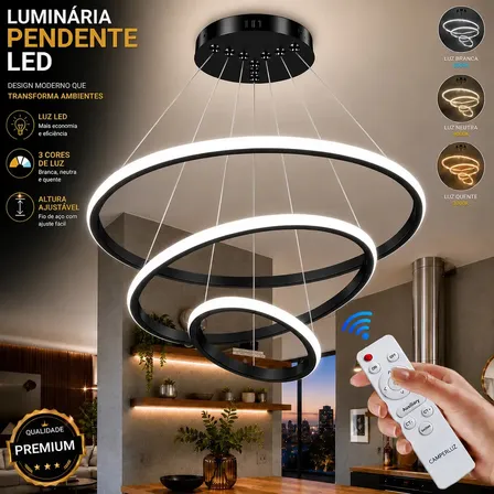 Lustre Led Sala Moderno Com Controle Remoto, 3 Arcos Pendente Luminária Teto, Lustre Sala De Jantar Lustre Pendente Luxo... Preto 127/220v