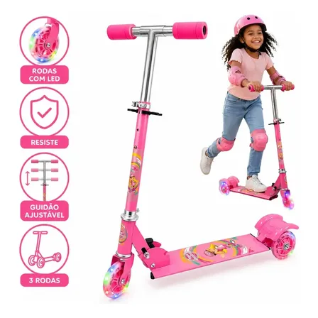 Patinete Infantil 3 Rodas Para Criança Dobrável Com Leds Guidão Ajustável Suporta 30kg Material Resistente De Ferro Atacarejo Kids Menina