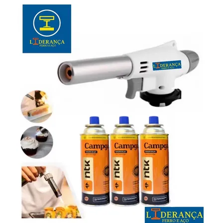 Maçarico Profissional Universal Multiuso Gourmet Portátil Com Regulagem De Chamas Kit Completo Com 3 Refil Para Chef De Cozinha Confeiteiro Flambar Solda Marca - Liderança Ferro E Aço