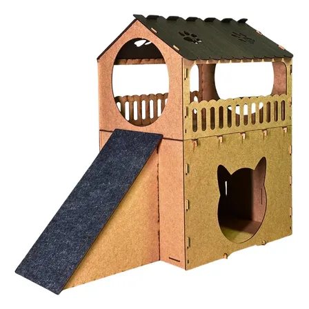 Casa Para Gatos Com Arranhador Casinha Toca 2 Andares Com Rampa Gatificação Brinquedo Casa E Cama De Gato Ocre