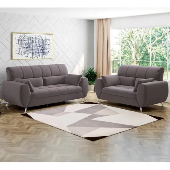 Sofá 3 E 2 Lugares Bélgica Em Tecido Suede Com 4 Almofadas Concreto