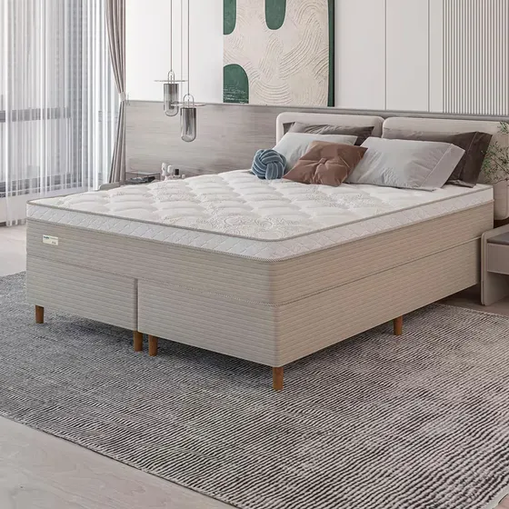 Cama Box King Size Umaflex Milão Bipartida E Colchão Pillow Bege E Branco