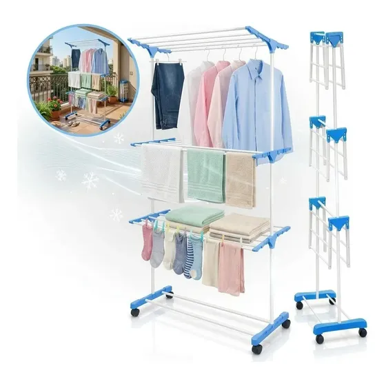 Varal De Chão Vertical Dobrável 3 Andares Com Rodas Aço Reforçado Capacidade 40Kg Torre Para Secar Roupas Compacto Portátil Multifuncional Para Casa Apartamento Lavanderia - Shokki