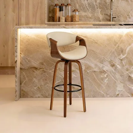Banqueta Giratória HomeNow Nicole Munique Madeira Creme Com Encosto E Apoio Pés