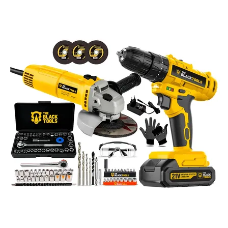 Parafusadeira De Impacto A Bateria 21v + Esmerilhadeira Angular 780w 4.1/2 E Jogo De Soquetes 40 Peças The Black Tools Amarelo 127v 60hz