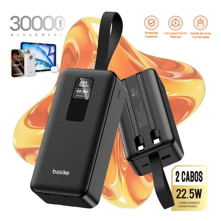 Basike Power Bank Carregador Portátil 30000mAh Com Cabo USB LED Turbo Carga Rápida Universal Para Celulares iPhone 17/16/15/14/13/12 Samsung Galaxy S24/S23/S22/S21/A55/A54 Motorola Moto G Edge 40/50