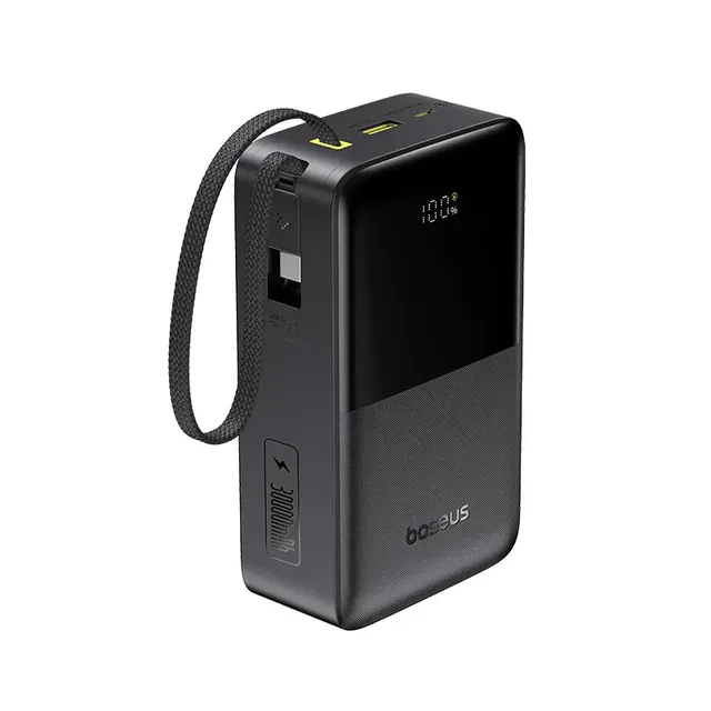 Power Bank Baseus FC51 30000mAh 22,5W Carregamento Rápido Cabo USB-C Integrado Display Digital Carrega 3 Dispositivos Proteção Inteligente Preto