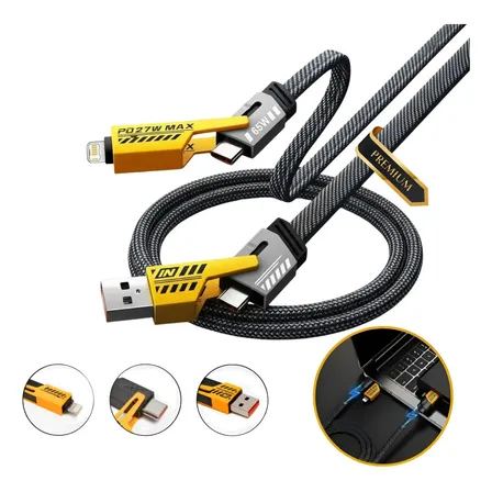 Cabo Usb Turbo 65w Carregador 4 Em 1 Tipo C Dados Carregamento Rápido Compatível Com iPhone 11 12 13 14 15 16 17 Pro Max Samsung Motorola Xiaomi Apple Carplay Ps5 Premium Reforçado Preto Ice Coorel