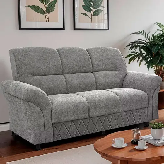 Sofá 3 Lugares Cama Inbox Mourato 187cm De Largura Em Bouclé Cinza Claro