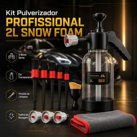 Kit Pulverizador Profissional 2l Snow Foam Potente Com 3 Bicos Spray Cor Transparente + Pincel De Detallado E Toalha De Secagem