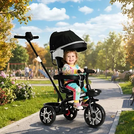 Triciclo Infantil 2 Em 1 Empurrador Passeio Pedal Carrinho Capota Assento Giratório 360 Graus Até 50kg