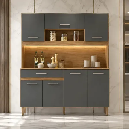 Kit Armário Gabinete Cozinha 7 Portas E 1 Gaveta Organizador Magazine Design Moderno Organizador Cor Freijó Chumbo