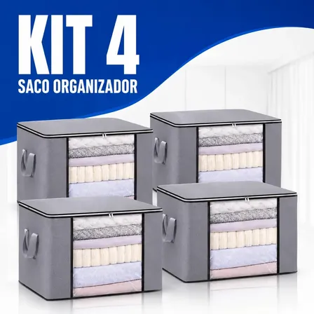 Kit 4 Sacos Organizador Multiuso Dobrável Para Armazenamento Anti-poeira E Umidade Cor Cinza
