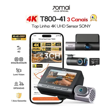 Camera Veicular 70mai Dash cam 3 Canais T800-41 4k+4k+1080p, Suporte 4G LTE,Monitoramento remoto, WiFi 6, Adas e GPS, Visão Noturna HDR,Duplos Sony Starvis 2 IMX678, com Cartao Memoria 256GB