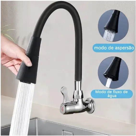 Torneira De Pia Gourmet Flexível De Parede Jato Com Aerador Para Cozinha Cor Preto Fosco