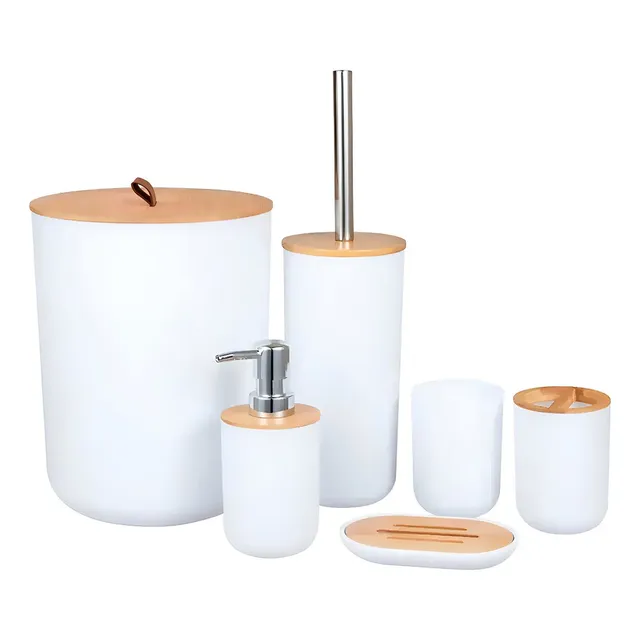 Kit Conjunto Banheiro 6 Peças Lixeira Com Tampa Bambu Plástico Organizador Decoração Lavabo Suporte Sabonete Liquido Escova De Dente Lixo Escova De Vaso Sanitario Shokki Cor Branco
