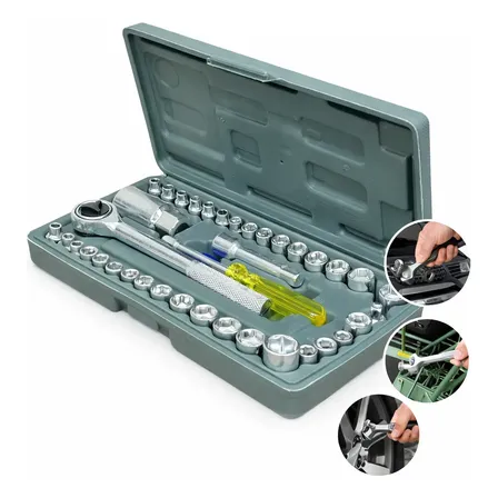 Kit Soquetes 40 Peças Com Catraca Ferramentas Automotiva Cor Prateado