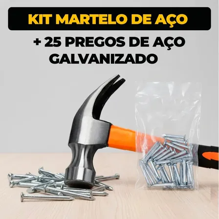 Kit Martelo Unha 25mm Cabeça Aço + 25 Pregos Com Cabo De Fibra Emborrachado Profissional Carpinteiro Marceneiro - Marca Well Tools