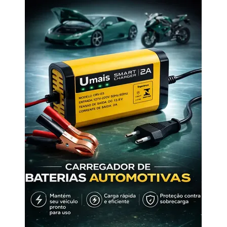 Carregador De Bateria Automotiva Inteligente 12v Portátil Bivolt 110/220v Para Carros Motos E Veículos