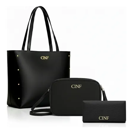 Bolsa Feminina Kit 3 Sacola Grande Transversal E Carteira Cor Preto Liso Ouro