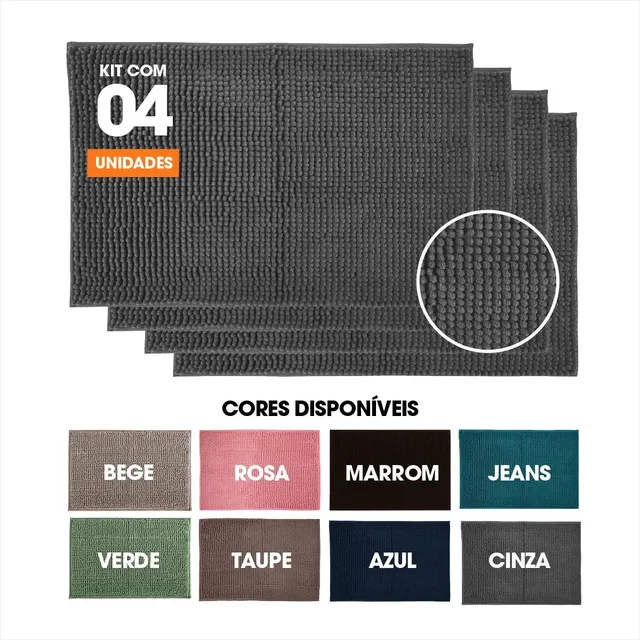 Kit 4 Tapetes Para Banheiro Microfibra Chenille Macarrãozinho Bolinha Super Macio Fofinho Antiderrapante Cinza